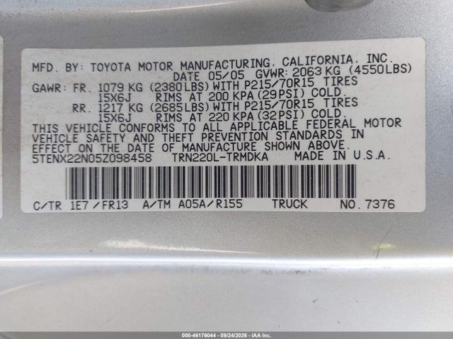2005 Toyota Tacoma მანქანა იყიდება აუქციონზე, vin: 5TENX22N05Z098458, აუქციონის ნომერი: 46176044