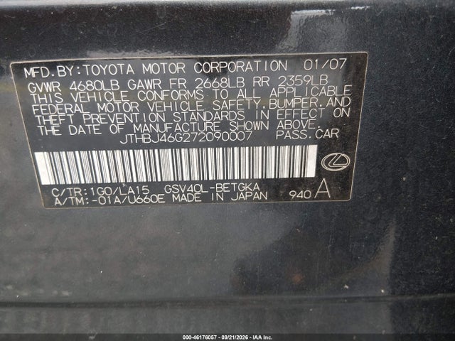 46176057 :رقم المزاد ، JTHBJ46G272090007 vin ، 2007 Lexus Es 350 مزاد بيع