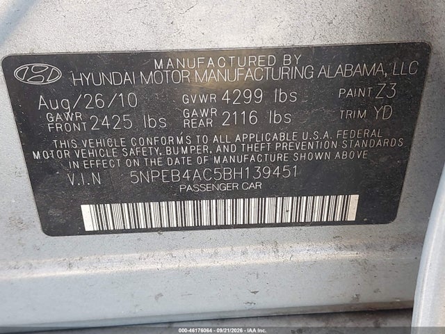 Продажа на аукционе авто 2011 Hyundai Sonata Gls, vin: 5NPEB4AC5BH139451, номер лота: 46176064