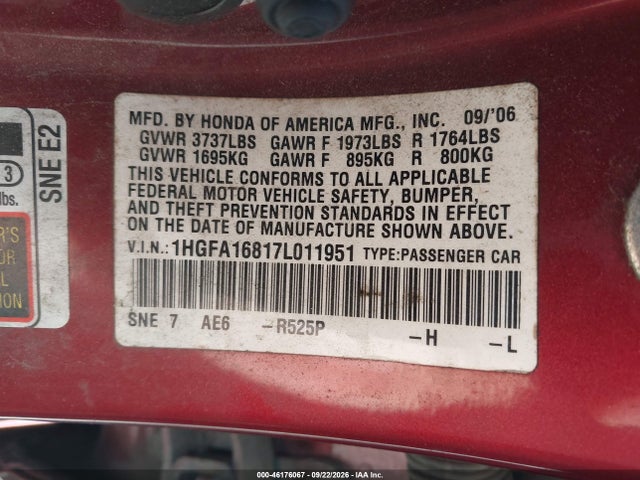 46176067 :رقم المزاد ، 1HGFA16817L011951 vin ، 2007 Honda Civic Ex مزاد بيع