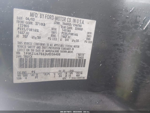 46176072 :رقم المزاد ، 1FMZU67E62UD26408 vin ، 2002 Ford Explorer Sport Trac مزاد بيع