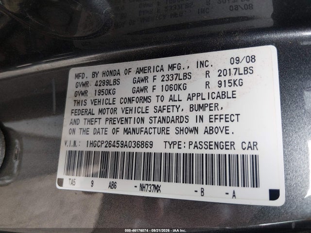 Aukcja sprzedaży 2009 Honda Accord 2.4 Lx-p, vin: 1HGCP26459A036869, numer aukcji: 46176074