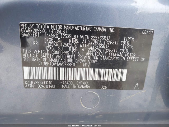 46176083 :رقم المزاد ، 2T3BF4DV1AW078840 vin ، 2010 Toyota Rav4 مزاد بيع