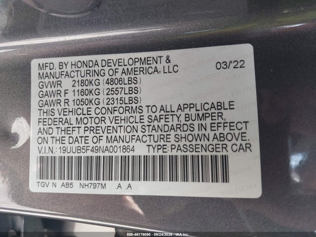 46176090 :رقم المزاد ، 19UUB5F49NA001864 vin ، 2022 Acura Tlx Technology Package مزاد بيع