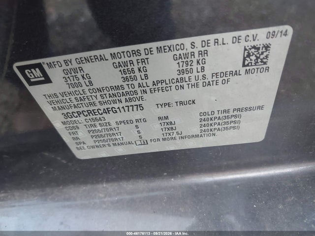46176113 :رقم المزاد ، 3GCPCREC4FG117775 vin ، 2015 Chevrolet Silverado 1500 1lt مزاد بيع