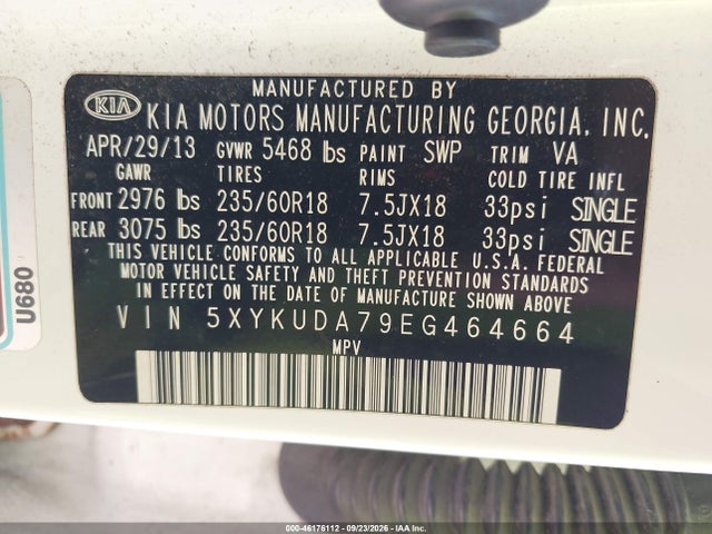 46176112 :رقم المزاد ، 5XYKUDA79EG464664 vin ، 2014 Kia Sorento Ex V6 مزاد بيع