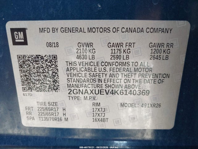 Aukcja sprzedaży 2019 Chevrolet Equinox Lt, vin: 2GNAXUEV4K6140369, numer aukcji: 46176121