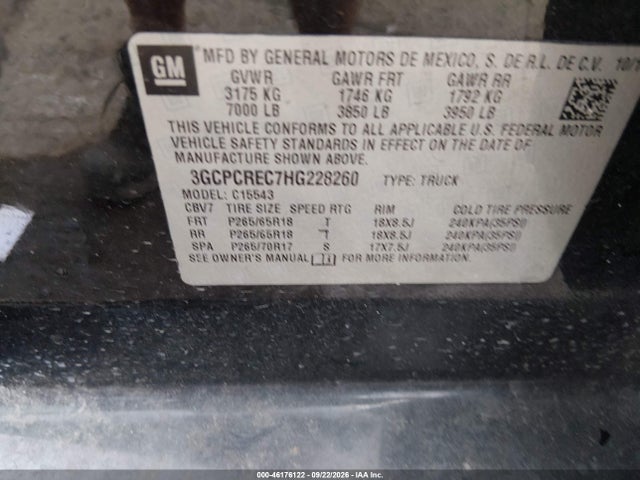 46176122 :رقم المزاد ، 3GCPCREC7HG228260 vin ، 2017 Chevrolet Silverado 1500 1lt مزاد بيع
