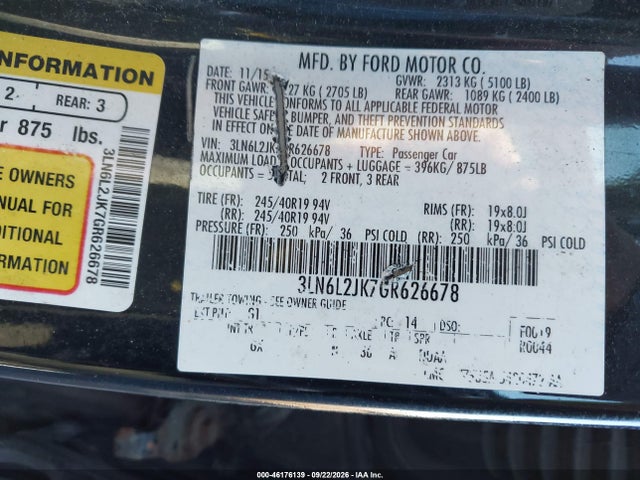 46176139 :رقم المزاد ، 3LN6L2JK7GR626678 vin ، 2016 Lincoln Mkz مزاد بيع