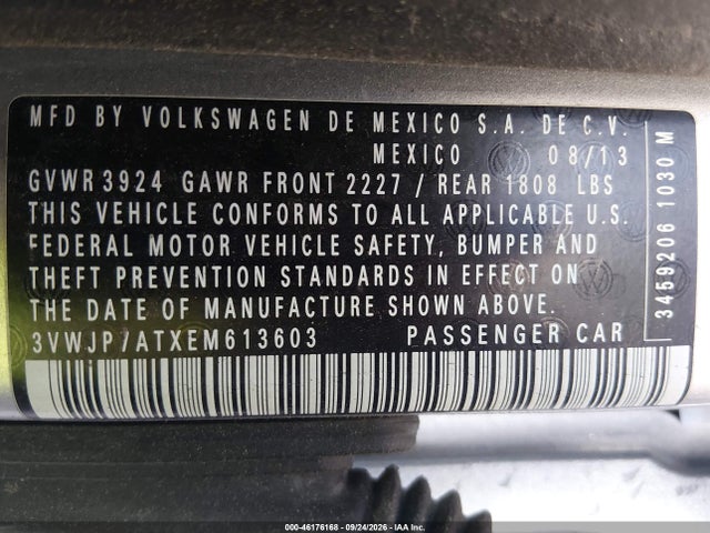 2014 Volkswagen Beetle 2.5l მანქანა იყიდება აუქციონზე, vin: 3VWJP7ATXEM613603, აუქციონის ნომერი: 46176168