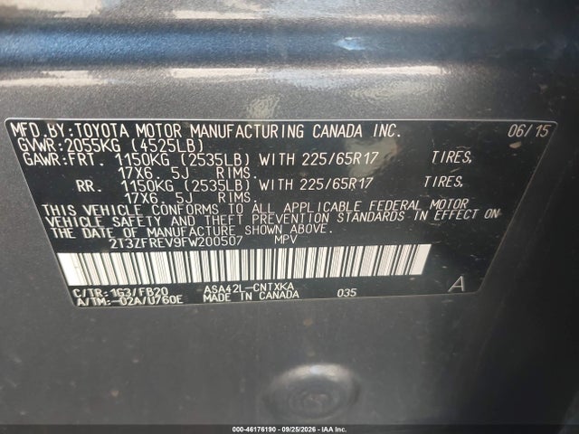 46176190 :رقم المزاد ، 2T3ZFREV9FW200507 vin ، 2015 Toyota Rav4 Le مزاد بيع