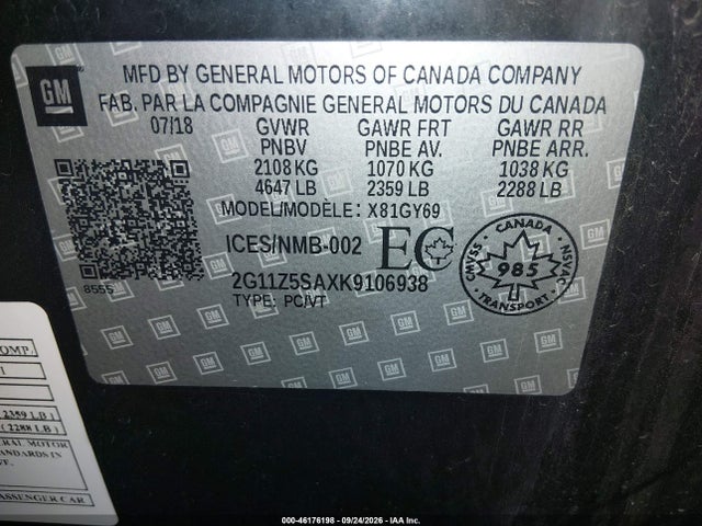 Aukcja sprzedaży 2019 Chevrolet Impala 1lt, vin: 2G11Z5SAXK9106938, numer aukcji: 46176198