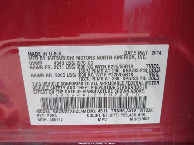 Aukcja sprzedaży 2014 Mitsubishi Outlander Sport Se, vin: 4A4AR4AU2EE028615, numer aukcji: 46176205