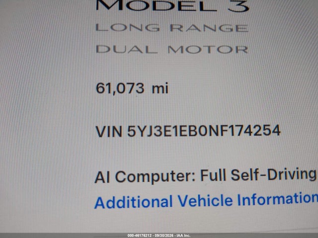 Tesla Model 3 Long Range 2022 5YJ3E1EB0NF174254 Image 16