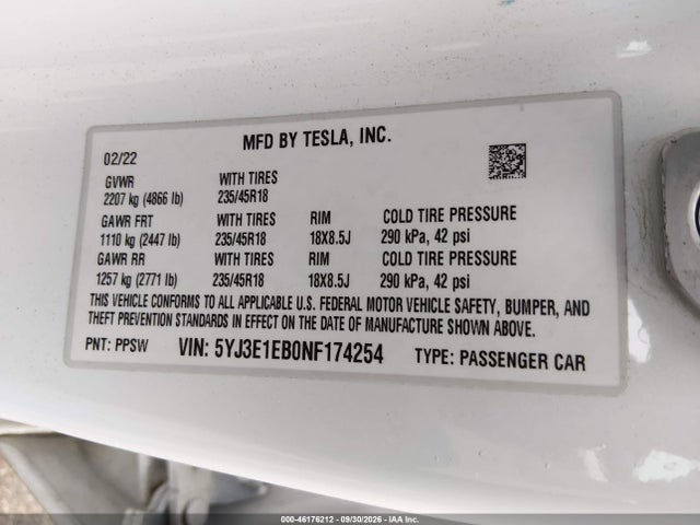 Tesla Model 3 Long Range 2022 5YJ3E1EB0NF174254 Image 9