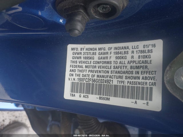 Продаж на аукціоні авто 2016 Honda Civic Lx, vin: 19XFC2F56GE024921, номер лоту: 46176215