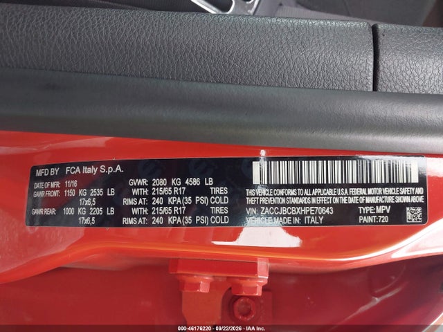 46176220 :رقم المزاد ، ZACCJBCBXHPE70643 vin ، 2017 Jeep Renegade Trailhawk 4x4 مزاد بيع