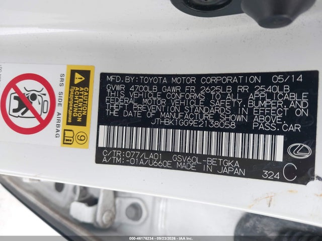 46176234 :رقم المزاد ، JTHBK1GG9E2138058 vin ، 2014 Lexus Es 350 مزاد بيع