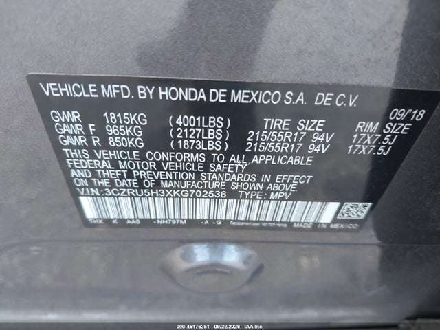 Продаж на аукціоні авто 2019 Honda Hr-v Lx, vin: 3CZRU5H3XKG702536, номер лоту: 46176251