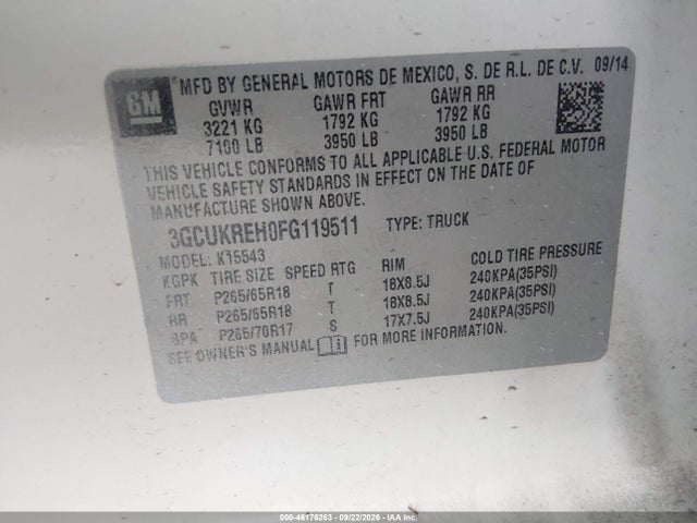 Продаж на аукціоні авто 2015 Chevrolet Silverado 1500 2lt, vin: 3GCUKREH0FG119511, номер лоту: 46176263