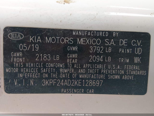 46176275 :رقم المزاد ، 3KPF24AD2KE128697 vin ، 2019 Kia Forte Lxs مزاد بيع