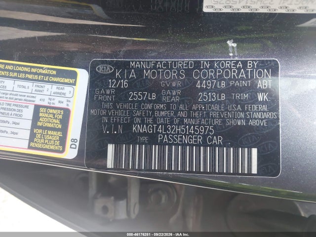 Aukcja sprzedaży 2017 Kia Optima Lx, vin: KNAGT4L32H5145975, numer aukcji: 46176281