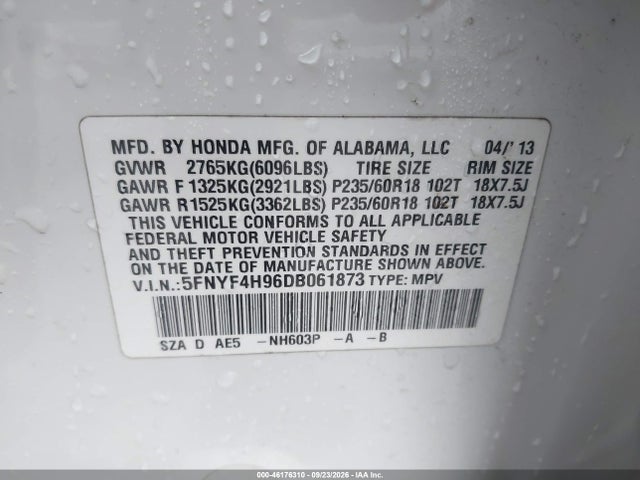 Продаж на аукціоні авто 2013 Honda Pilot Touring, vin: 5FNYF4H96DB061873, номер лоту: 46176310