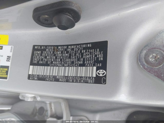 Продаж на аукціоні авто 2021 Toyota Corolla Le, vin: 5YFEPMAE1MP243542, номер лоту: 46176318