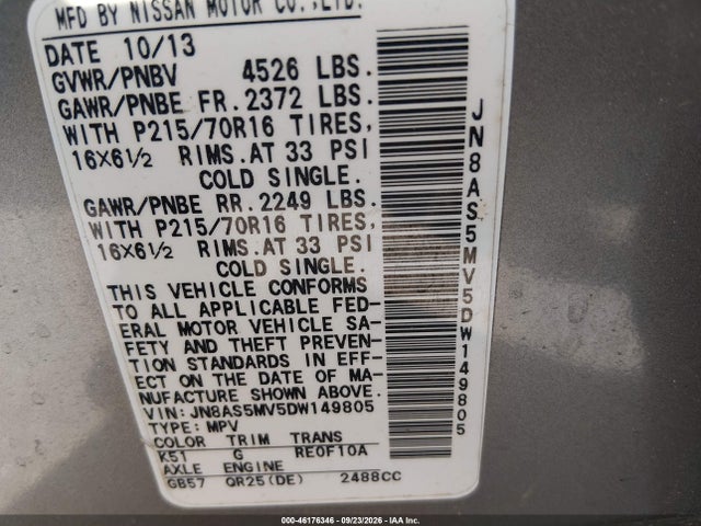 46176346 :رقم المزاد ، JN8AS5MV5DW149805 vin ، 2013 Nissan Rogue S مزاد بيع