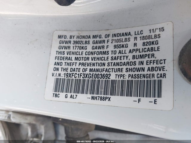 2016 Honda Civic Ex-t მანქანა იყიდება აუქციონზე, vin: 19XFC1F3XGE003692, აუქციონის ნომერი: 46176352
