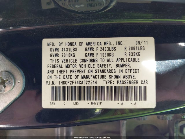 Aukcja sprzedaży 2012 Honda Accord 2.4 Ex, vin: 1HGCP2F74CA022544, numer aukcji: 46176377