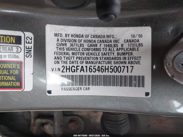 2006 Honda Civic Lx მანქანა იყიდება აუქციონზე, vin: 2HGFA16546H500717, აუქციონის ნომერი: 46176380