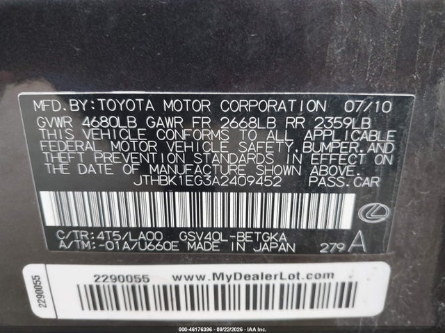2010 Lexus Es 350 მანქანა იყიდება აუქციონზე, vin: JTHBK1EG3A2409452, აუქციონის ნომერი: 46176396
