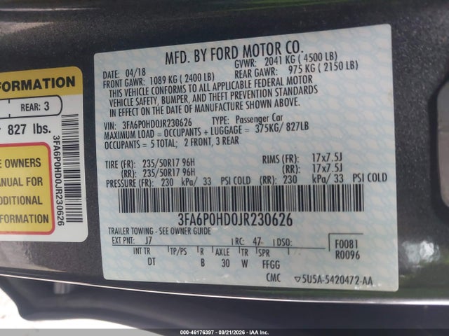 Продажа на аукционе авто 2018 Ford Fusion Se, vin: 3FA6P0HD0JR230626, номер лота: 46176397