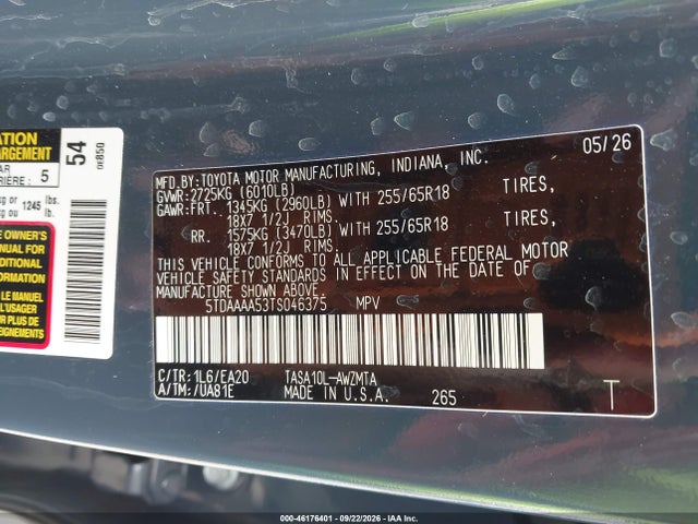 Aukcja sprzedaży 2026 Toyota Grand Highlander Xle, vin: 5TDAAAA53TS046375, numer aukcji: 46176401
