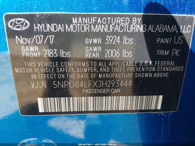 Aukcja sprzedaży 2018 Hyundai Elantra Sel, vin: 5NPD84LFXJH293444, numer aukcji: 46176411