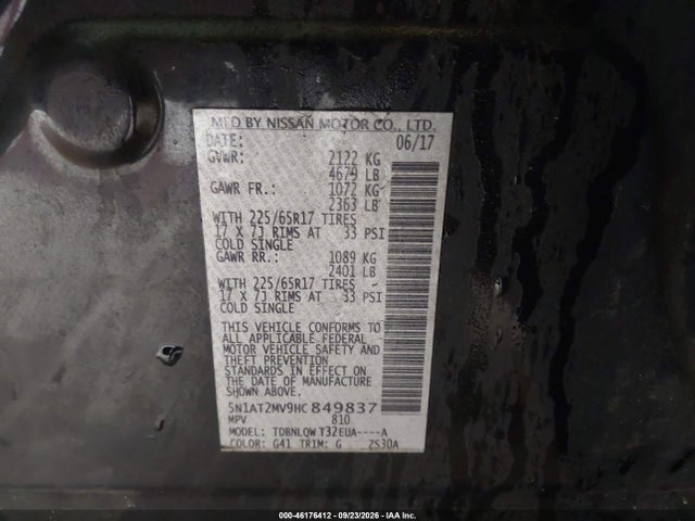 2017 Nissan Rogue Sv მანქანა იყიდება აუქციონზე, vin: 5N1AT2MV9HC849837, აუქციონის ნომერი: 46176412