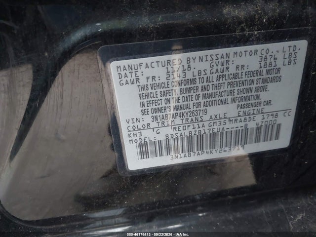 46176413 :رقم المزاد ، 3N1AB7AP4KY263719 vin ، 2019 Nissan Sentra S مزاد بيع