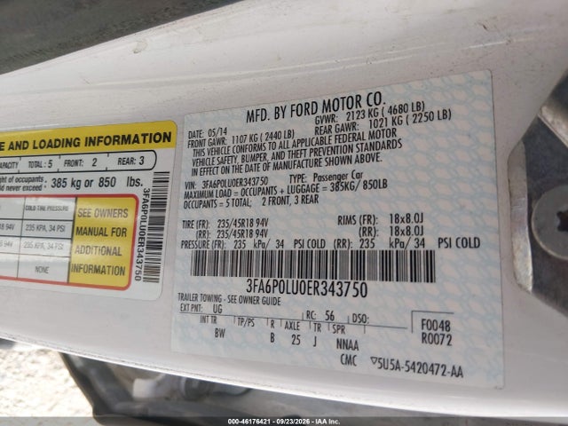 46176421 :رقم المزاد ، 3FA6P0LU0ER343750 vin ، 2014 Ford Fusion Hybrid Se مزاد بيع