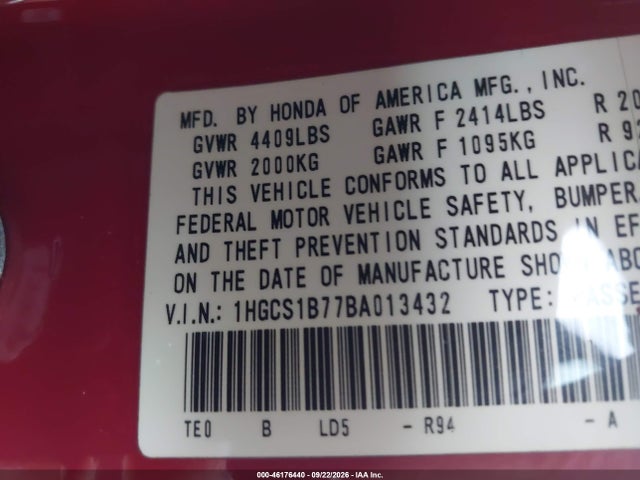 2011 Honda Accord 2.4 Ex მანქანა იყიდება აუქციონზე, vin: 1HGCS1B77BA013432, აუქციონის ნომერი: 46176440
