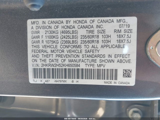 Продажа на аукционе авто 2019 Honda Cr-v Ex, vin: 2HKRW2H52KH650584, номер лота: 46176448