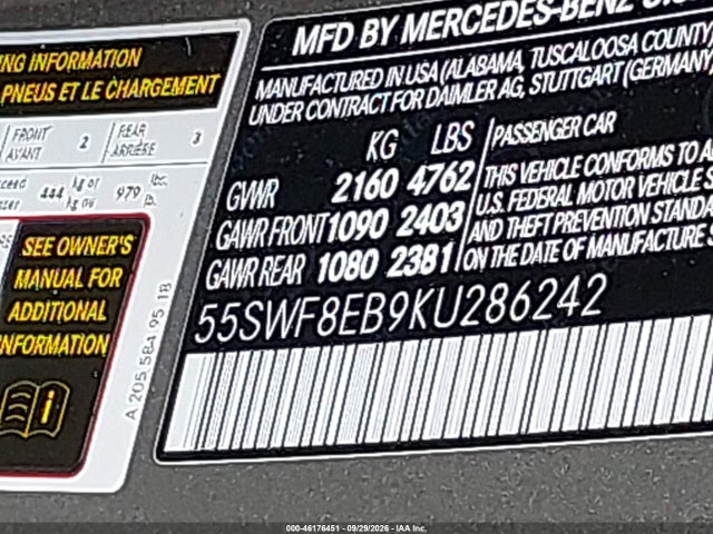 Продажа на аукционе авто 2019 Mercedes-benz C 300 4matic, vin: 55SWF8EB9KU286242, номер лота: 46176451
