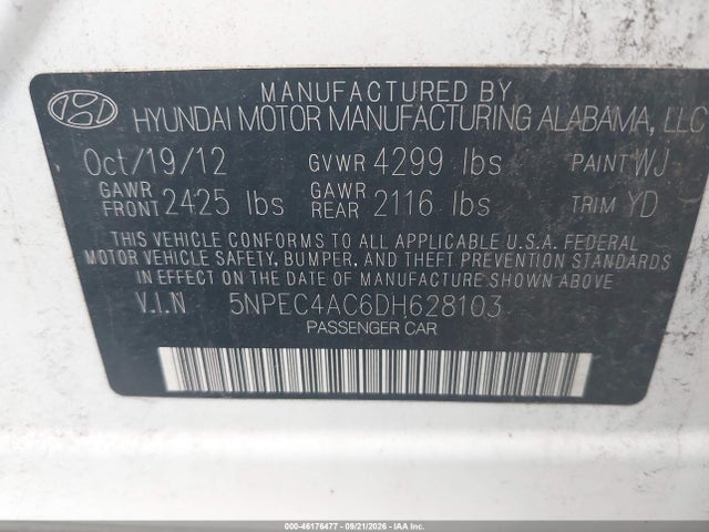 2013 Hyundai Sonata Limited მანქანა იყიდება აუქციონზე, vin: 5NPEC4AC6DH628103, აუქციონის ნომერი: 46176477