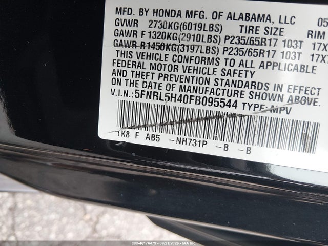 Продаж на аукціоні авто 2015 Honda Odyssey Ex, vin: 5FNRL5H40FB095544, номер лоту: 46176479