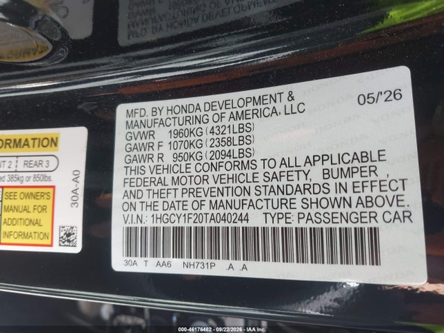 46176482 :رقم المزاد ، 1HGCY1F20TA040244 vin ، 2026 Honda Accord Lx مزاد بيع