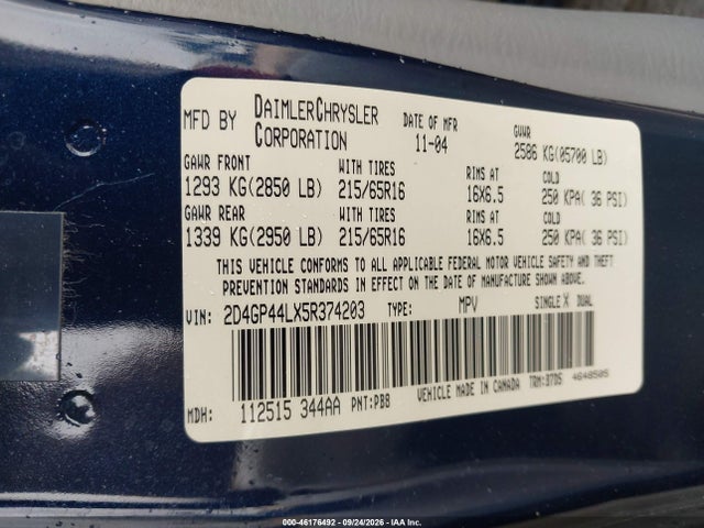 Продажа на аукционе авто 2005 Dodge Grand Caravan Sxt, vin: 2D4GP44LX5R374203, номер лота: 46176492