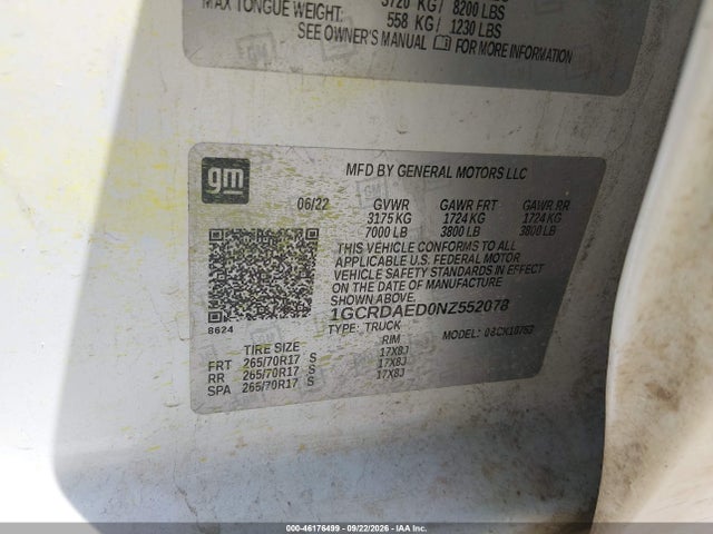 Продажа на аукционе авто 2022 Chevrolet Silverado 1500 4wd  Standard Bed Wt, vin: 1GCRDAED0NZ552078, номер лота: 46176499