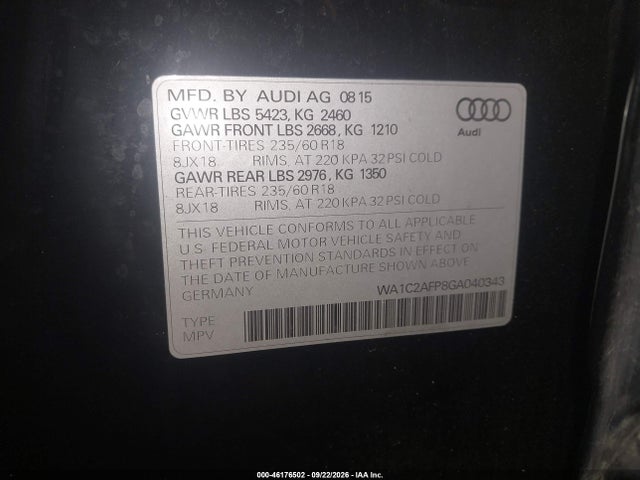2016 Audi Q5 2.0t Premium მანქანა იყიდება აუქციონზე, vin: WA1C2AFP8GA040343, აუქციონის ნომერი: 46176502