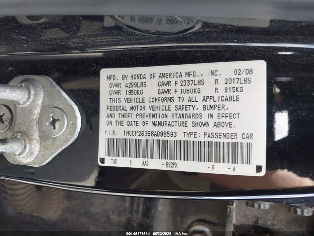 Продажа на аукционе авто 2008 Honda Accord 2.4 Lx, vin: 1HGCP26368A098593, номер лота: 46176514