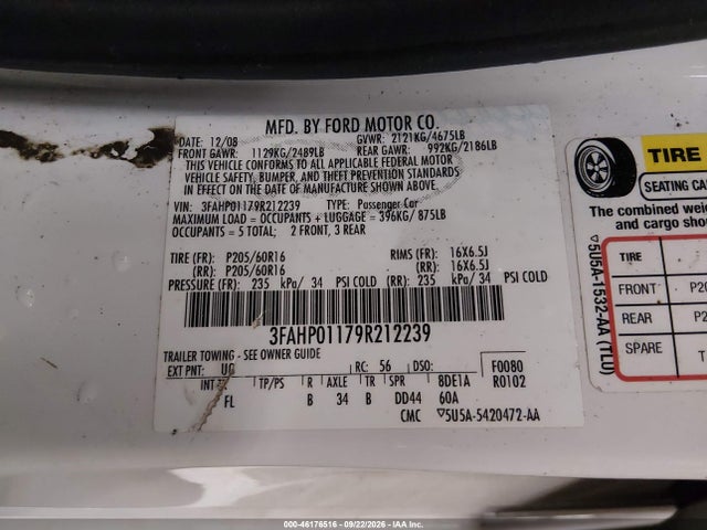 46176516 :رقم المزاد ، 3FAHP01179R212239 vin ، 2009 Ford Fusion Se مزاد بيع